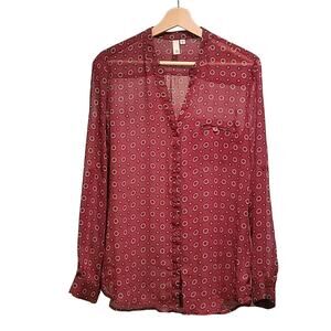 Kut from the Kloth Womens Medium Blouse Top Semi Sheer Geometric Print Maroon